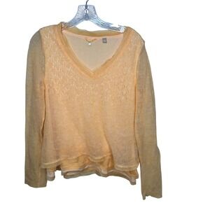 Knitted & Found Peach Sheer Lace Overlay Ruffle Trim Sweater Size‎ M